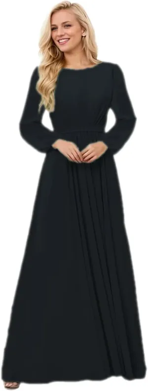 Long Sleeve Bridesmaid Dresses for Women Scoop Neck Ruched Formal Dresses for Wedding Guest Floor Length
