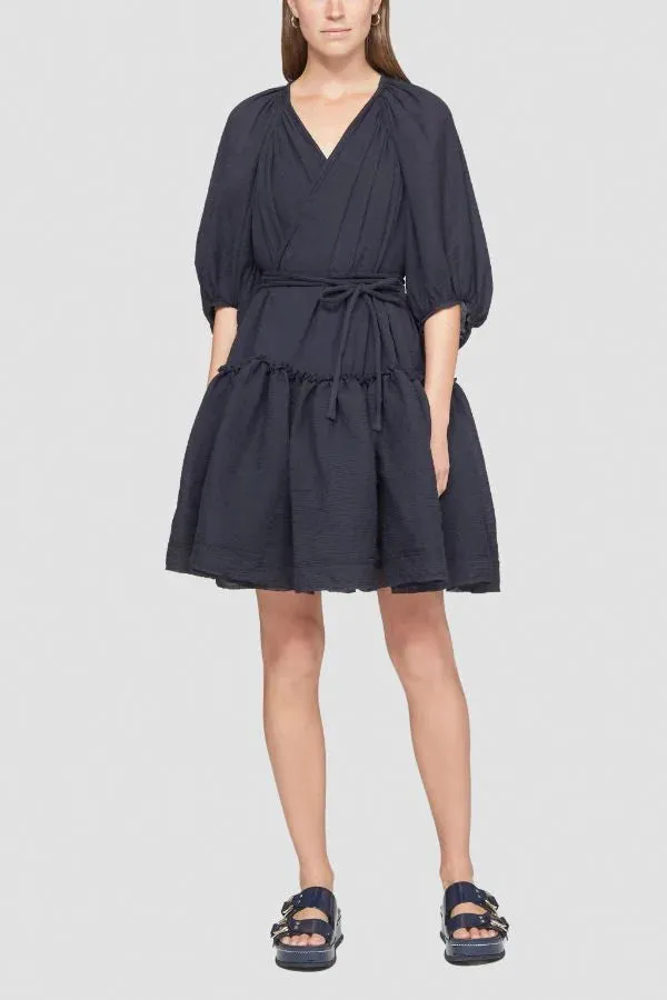 Long Sleeve Plisse Voile Wrap Dress