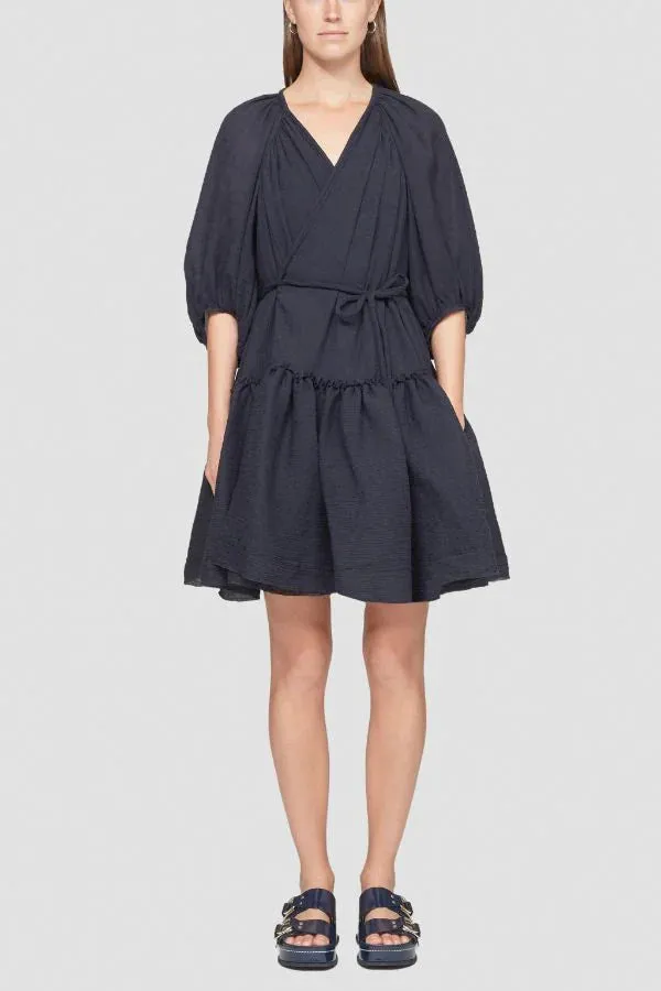 Long Sleeve Plisse Voile Wrap Dress