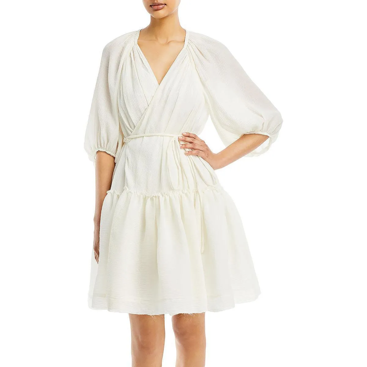 Long Sleeve Plisse Voile Wrap Dress