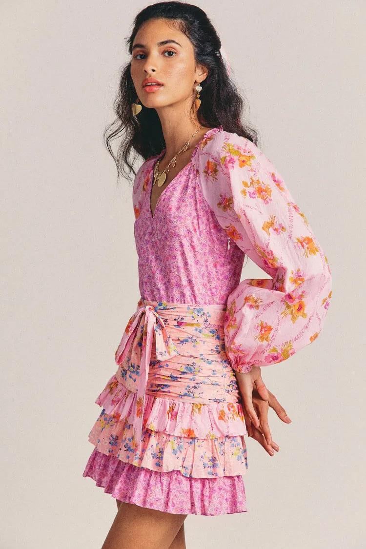 Long Sleeve Tiered Ruffle Floral Printed Mini Dress - Pink