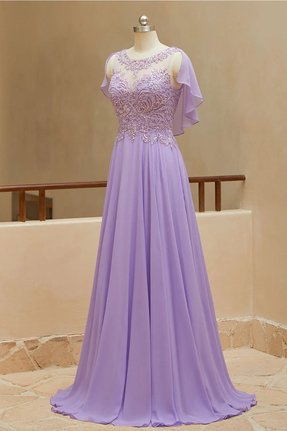 Luolandi A-Line Scoop Neck Chiffon Cap Sleeves Prom Dresses With Sequin Floor Length