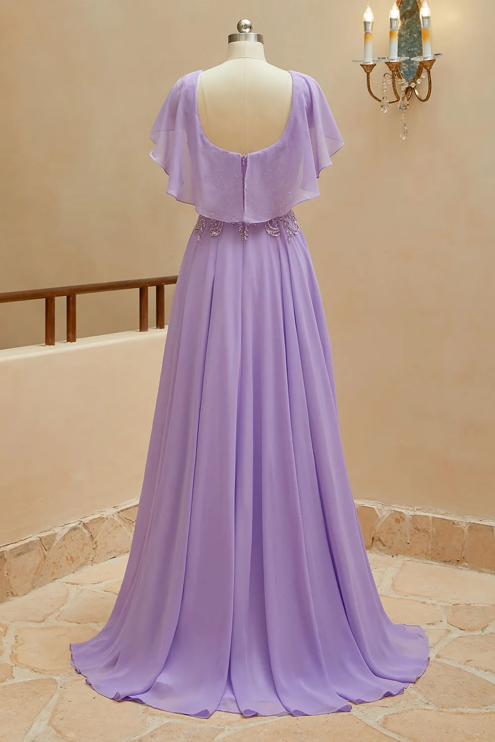 Luolandi A-Line Scoop Neck Chiffon Cap Sleeves Prom Dresses With Sequin Floor Length