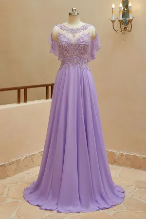 Luolandi A-Line Scoop Neck Chiffon Cap Sleeves Prom Dresses With Sequin Floor Length