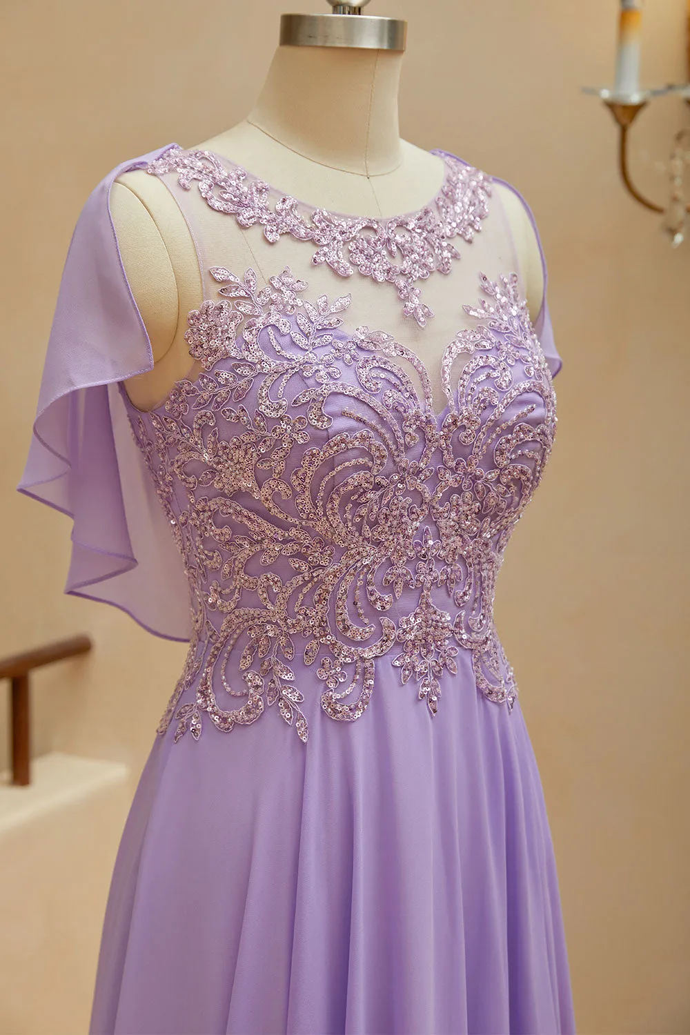 Luolandi A-Line Scoop Neck Chiffon Cap Sleeves Prom Dresses With Sequin Floor Length