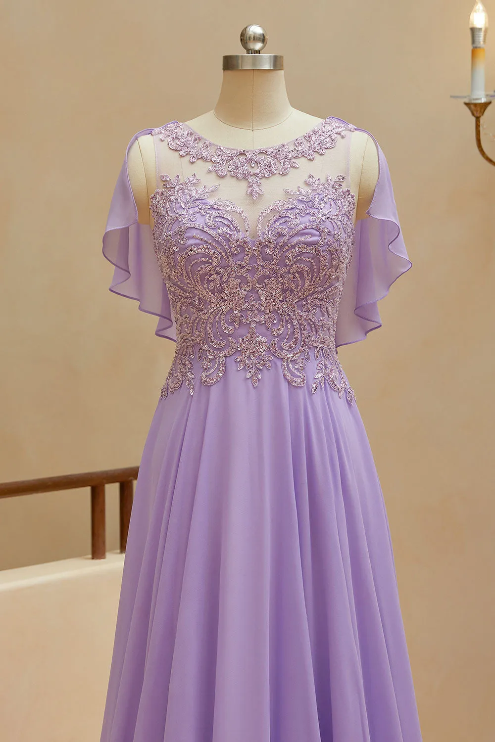 Luolandi A-Line Scoop Neck Chiffon Cap Sleeves Prom Dresses With Sequin Floor Length