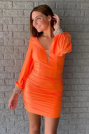 Luolandi Sexy See Through Long Sleeve Red Ruched Homecoming Dresses V-neck Party Dress