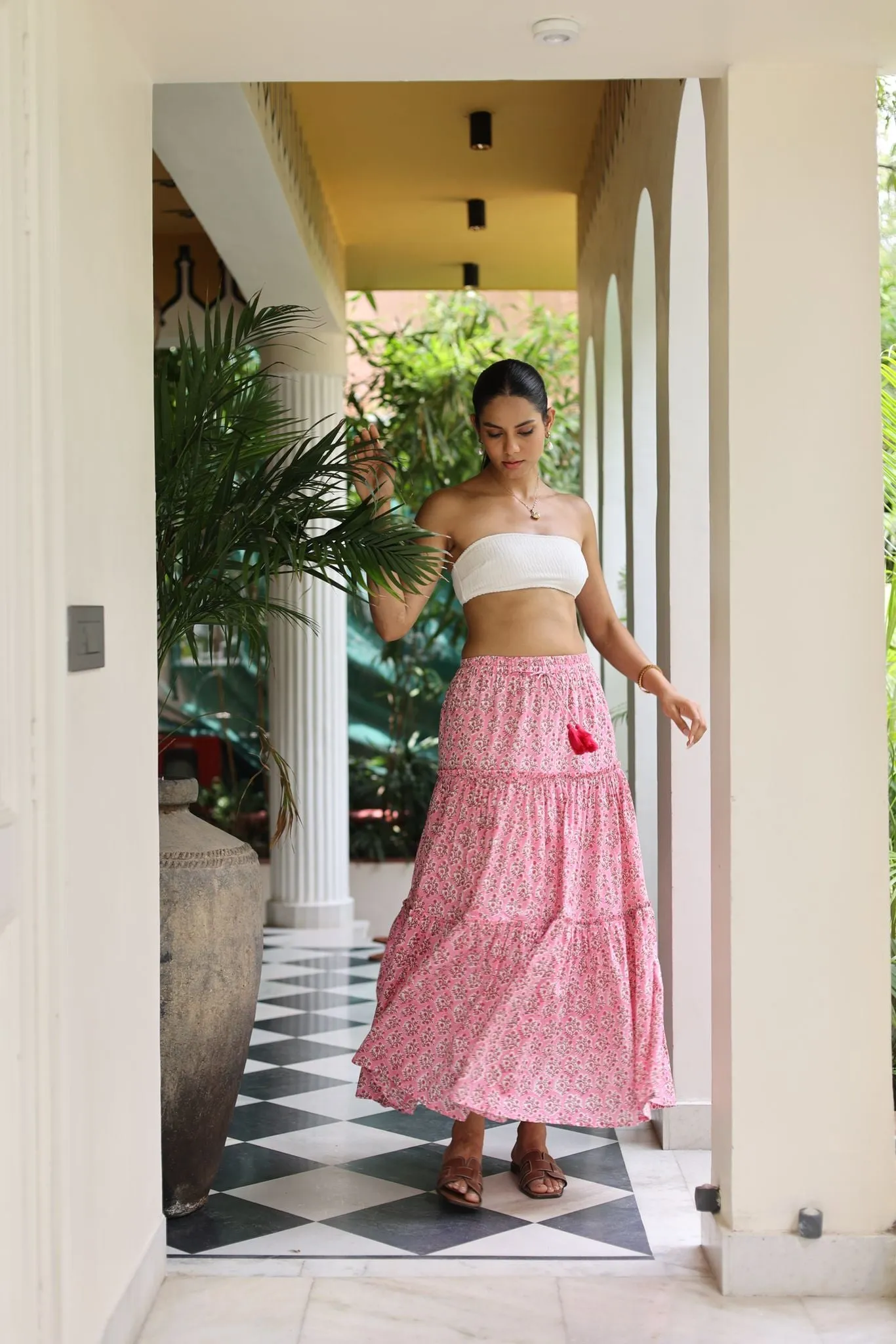 Maya maxi-tiered skirt in rani pink