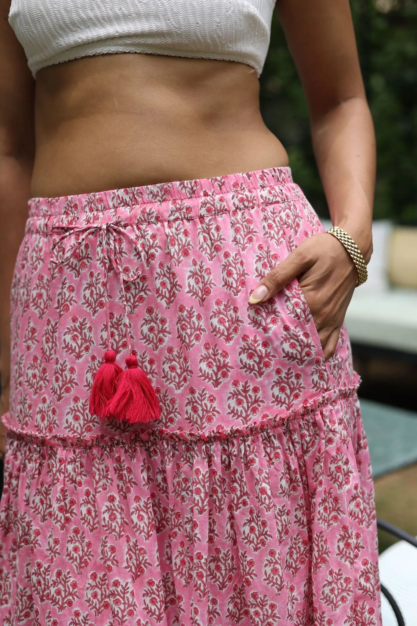 Maya maxi-tiered skirt in rani pink