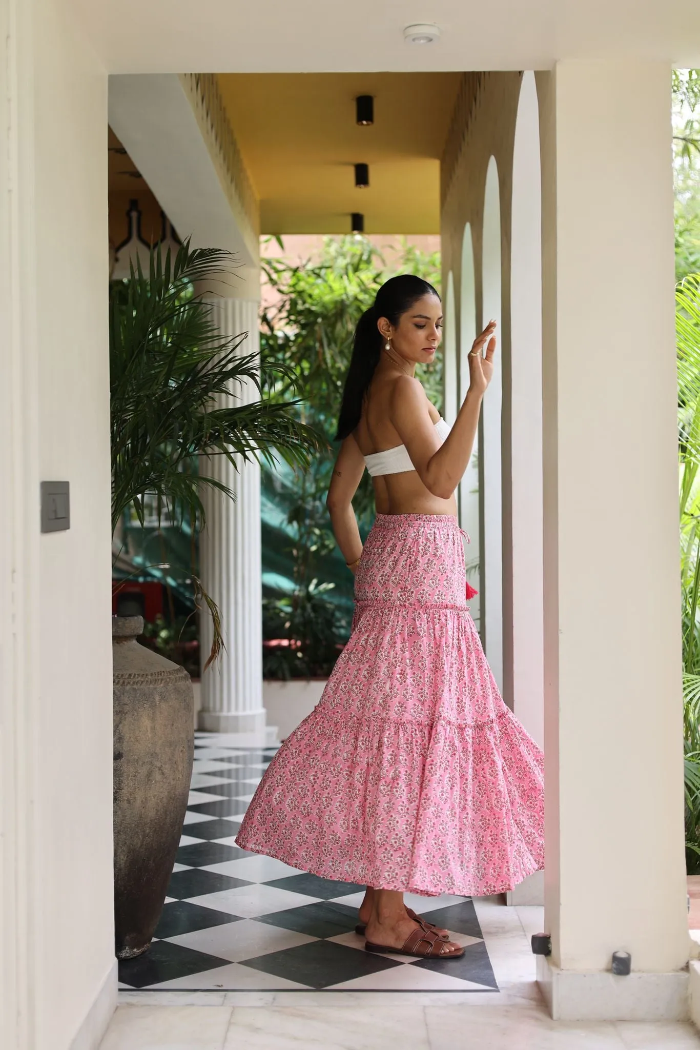 Maya maxi-tiered skirt in rani pink