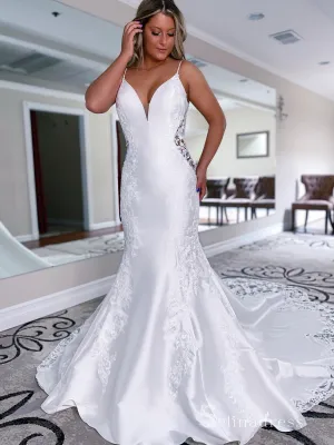 Mermaid Spaghetti Straps White Lace Wedding Dresses Satin Wedding Gowns CBD480