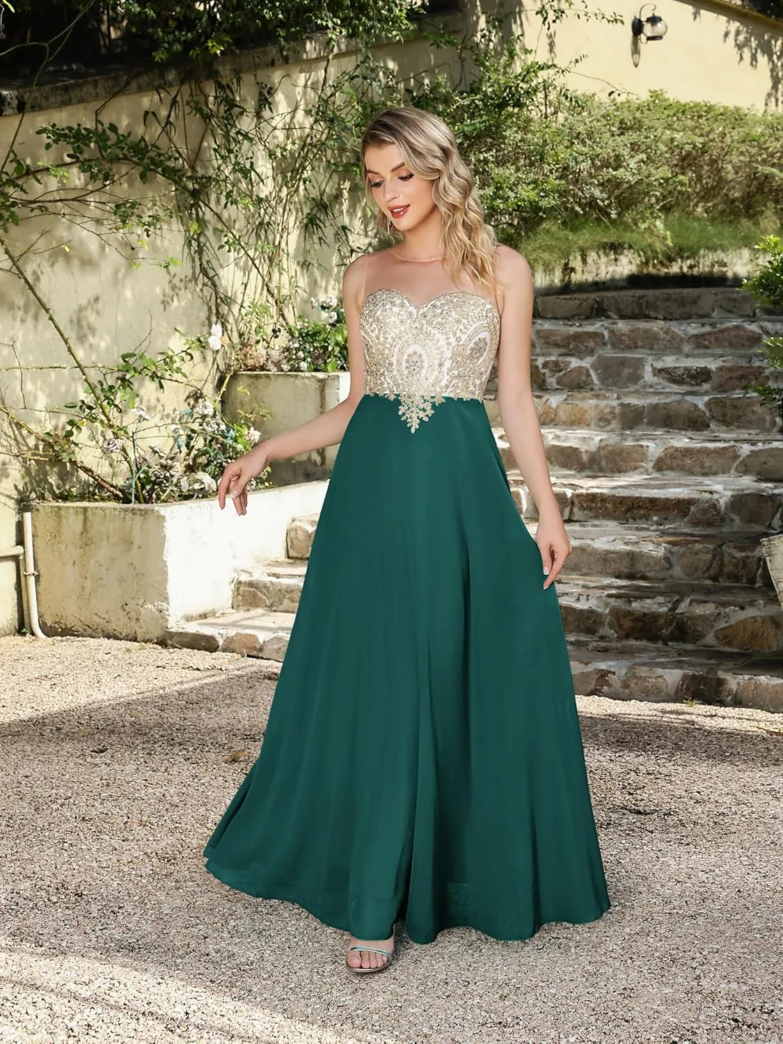 MisShow Women's Lace Applique Prom Dresses with Diamond Sheer Neck Long Chiffon Formal Evening Gowns
