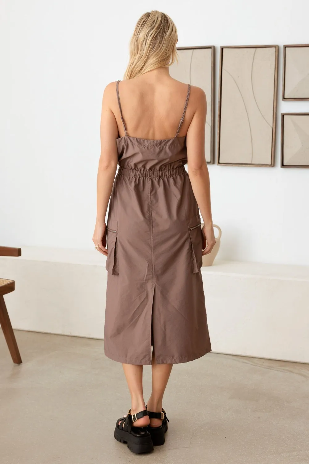 Mocha Drawstring Cargo Midi Dress