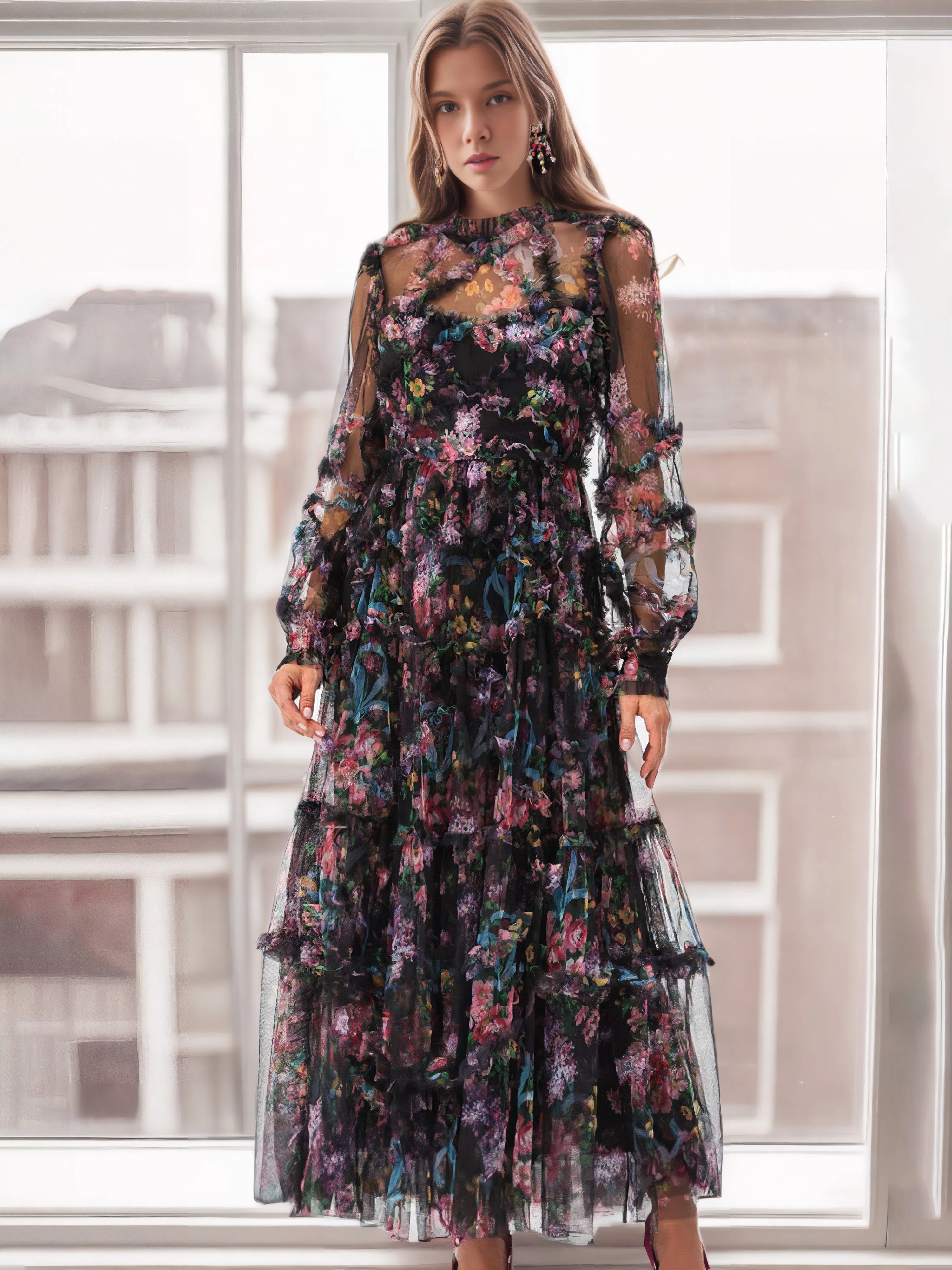 Mock Neck Floral Long Sleeves Tulle Tiered Ruffle Wedding Guest Dresses