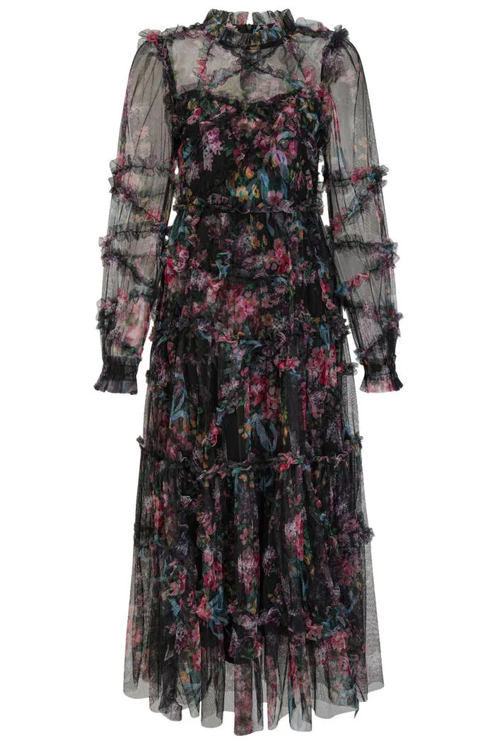 Mock Neck Floral Long Sleeves Tulle Tiered Ruffle Wedding Guest Dresses
