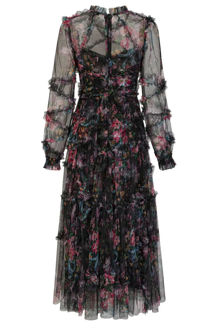 Mock Neck Floral Long Sleeves Tulle Tiered Ruffle Wedding Guest Dresses