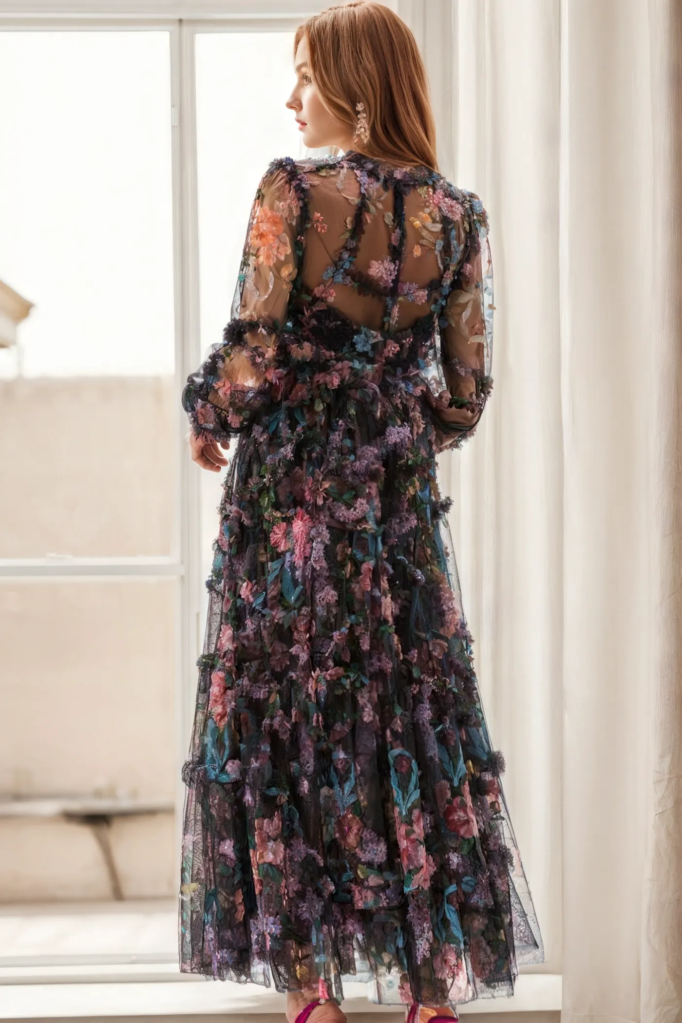 Mock Neck Floral Long Sleeves Tulle Tiered Ruffle Wedding Guest Dresses