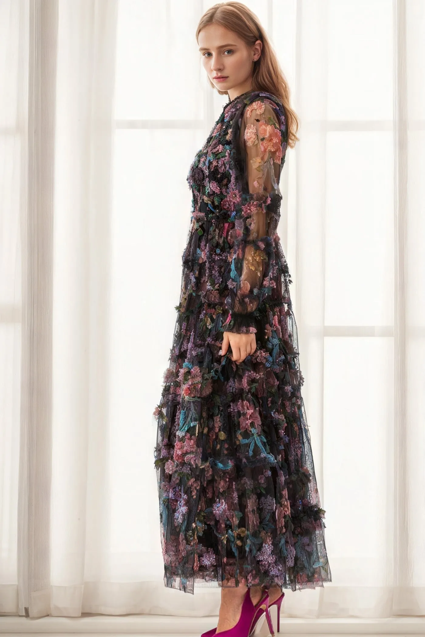 Mock Neck Floral Long Sleeves Tulle Tiered Ruffle Wedding Guest Dresses