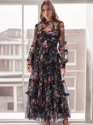 Mock Neck Floral Long Sleeves Tulle Tiered Ruffle Wedding Guest Dresses