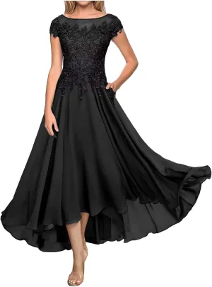 Mother of The Bride Dresses Cowl Neck Lace Appliques Formal Evening Party Prom Gown Chiffon Cap Sleeve A-Line DR0209