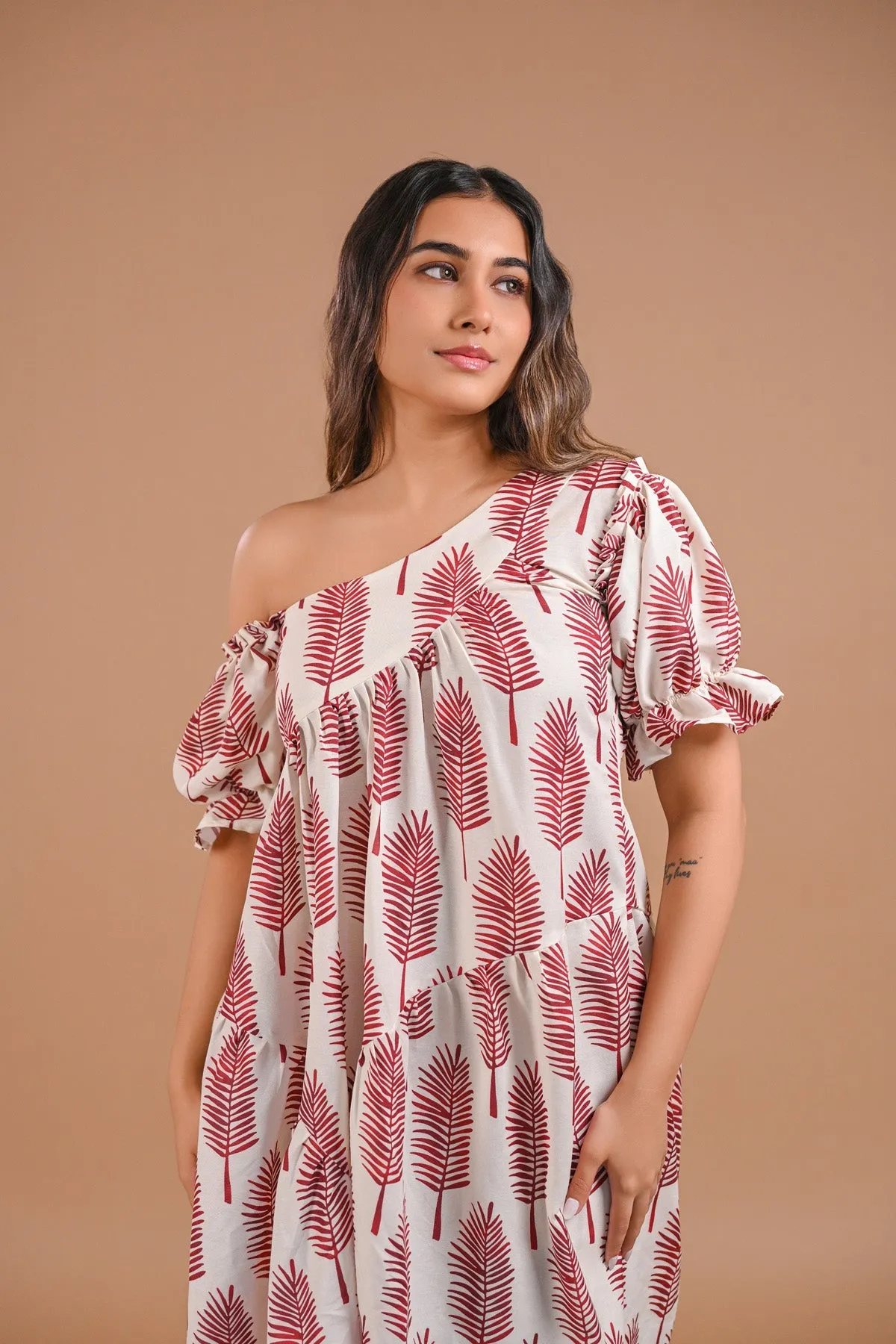 Off-Shoulder Tiered Printed Midi Dress