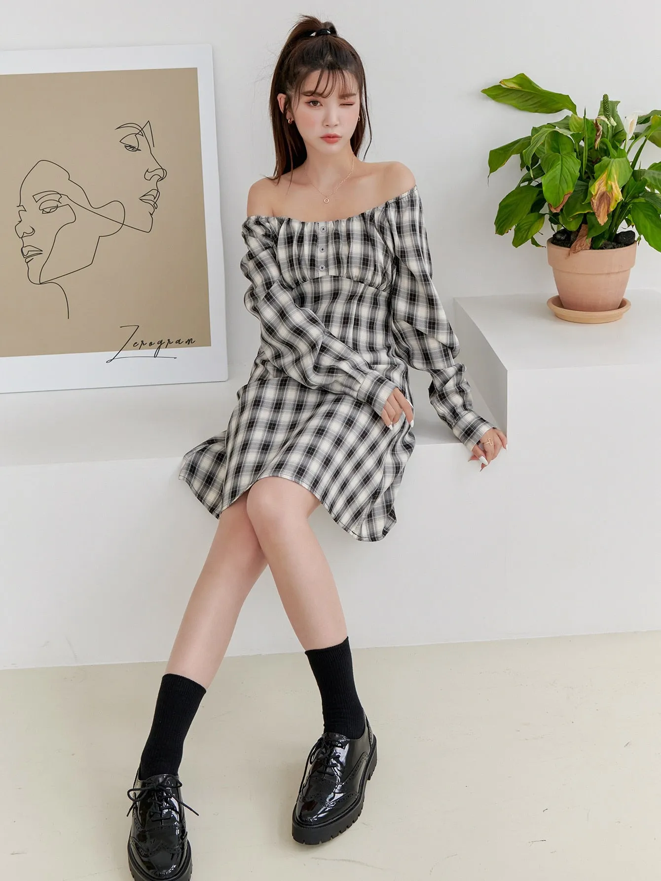 Plaid Button Long Sleeve Scoop Neck Straight High Waist Short Dress