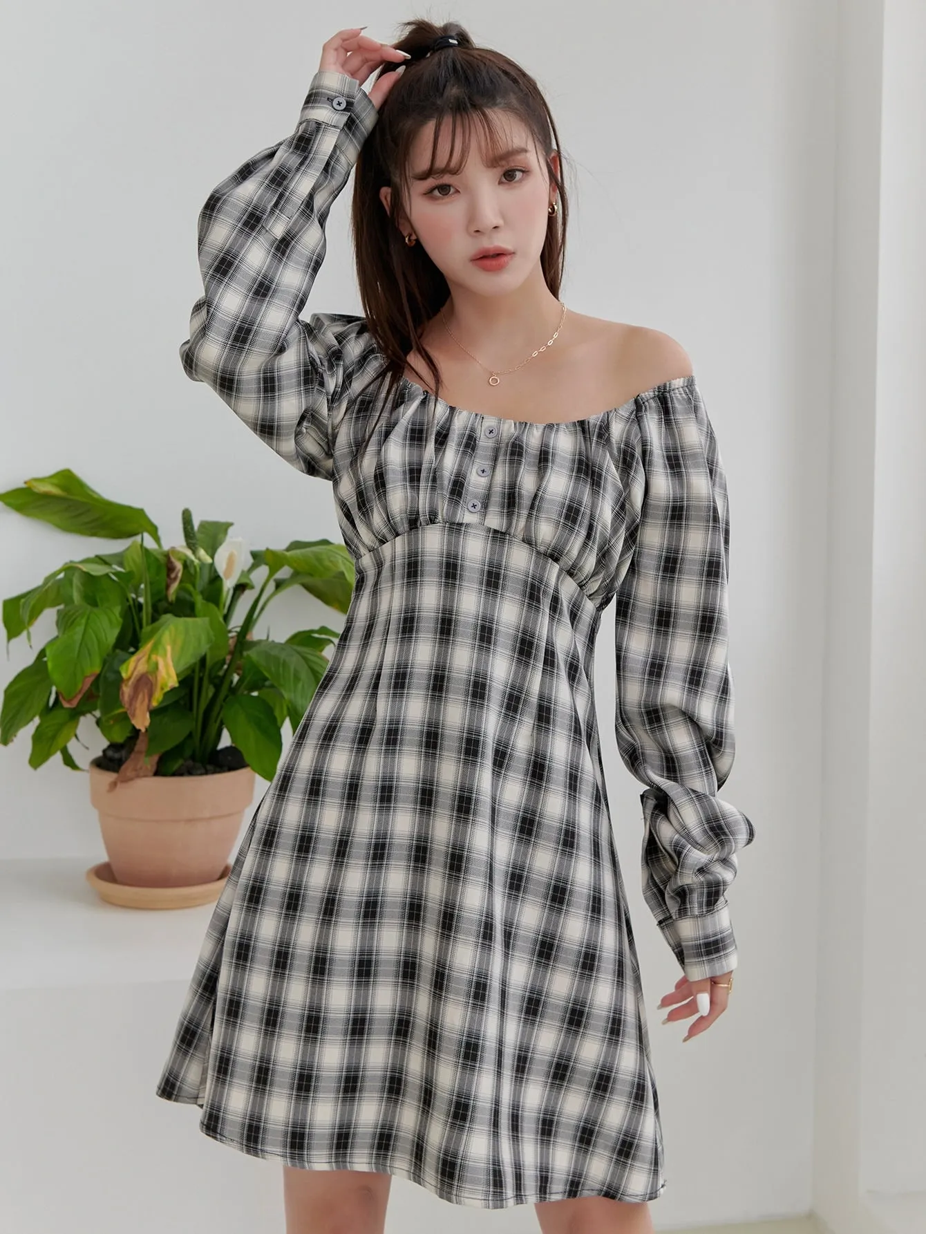 Plaid Button Long Sleeve Scoop Neck Straight High Waist Short Dress