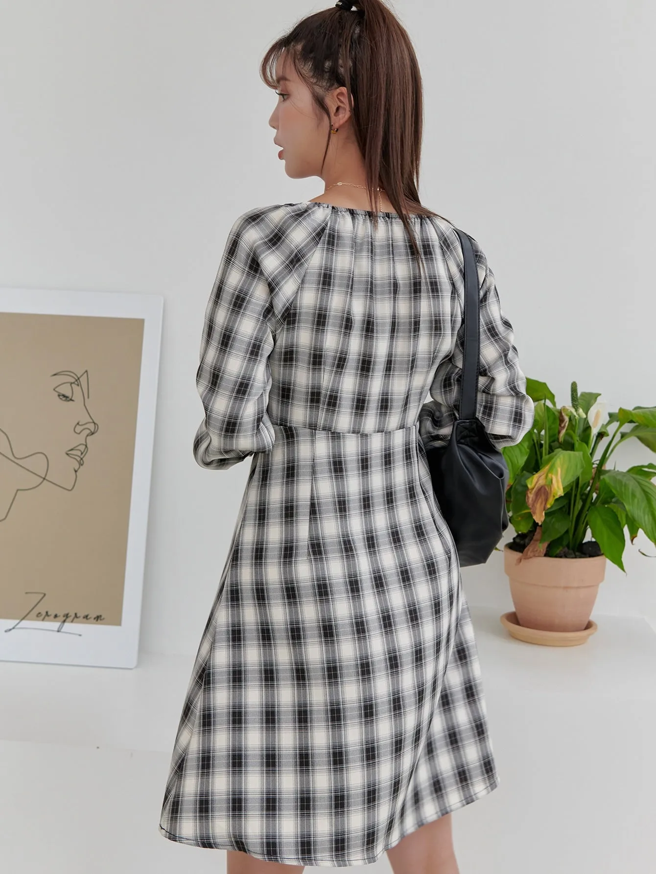 Plaid Button Long Sleeve Scoop Neck Straight High Waist Short Dress