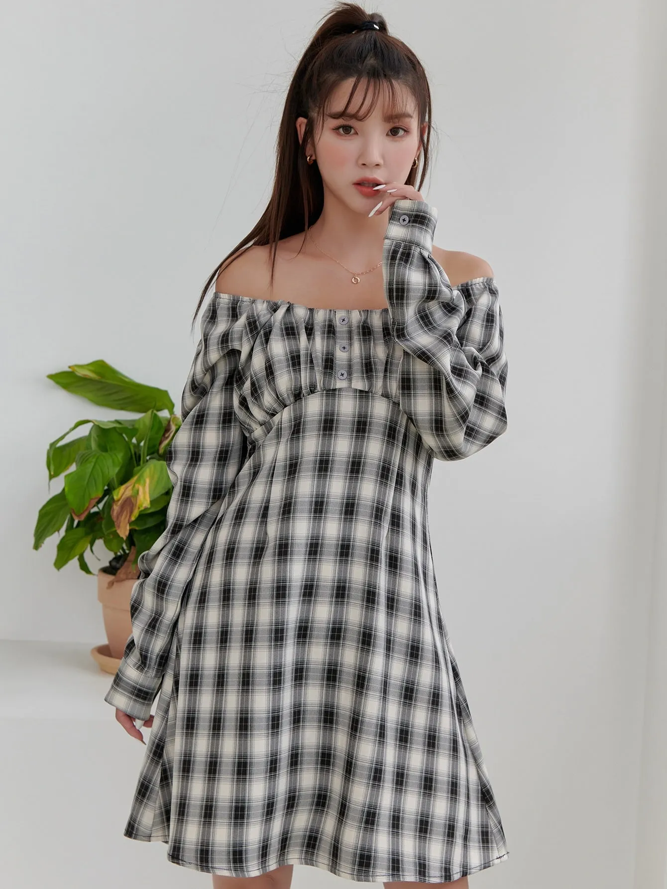 Plaid Button Long Sleeve Scoop Neck Straight High Waist Short Dress