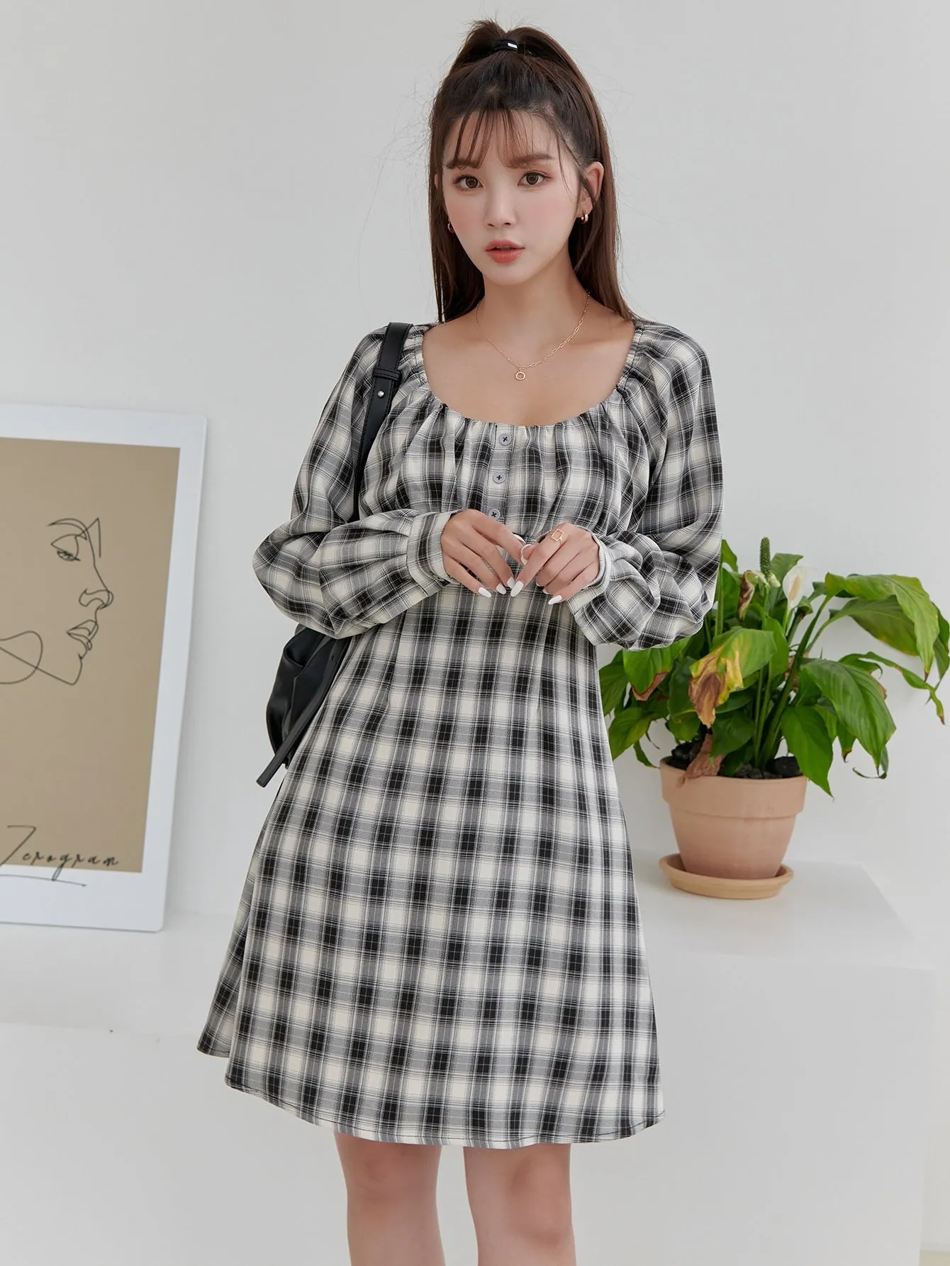 Plaid Button Long Sleeve Scoop Neck Straight High Waist Short Dress