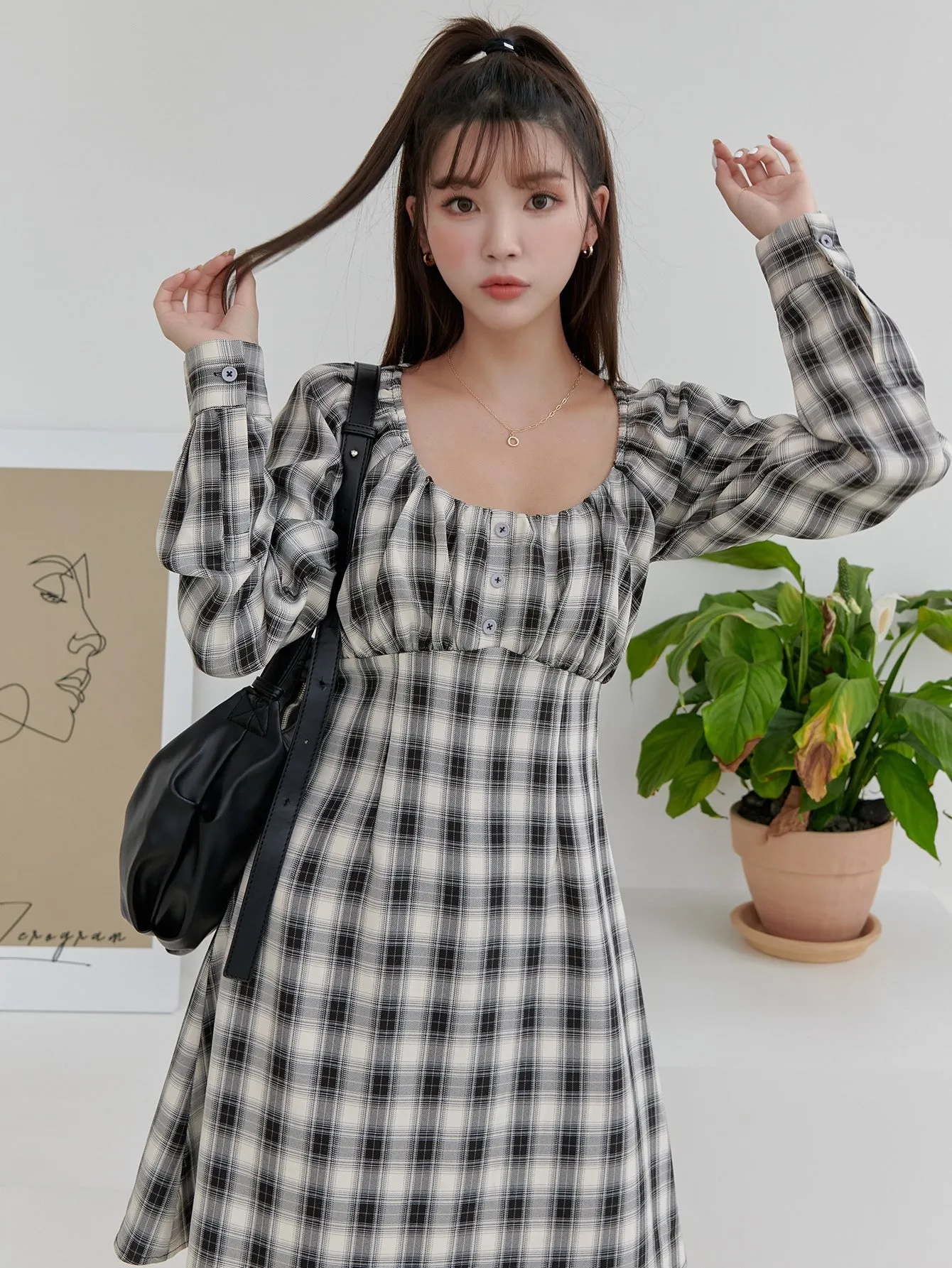 Plaid Button Long Sleeve Scoop Neck Straight High Waist Short Dress