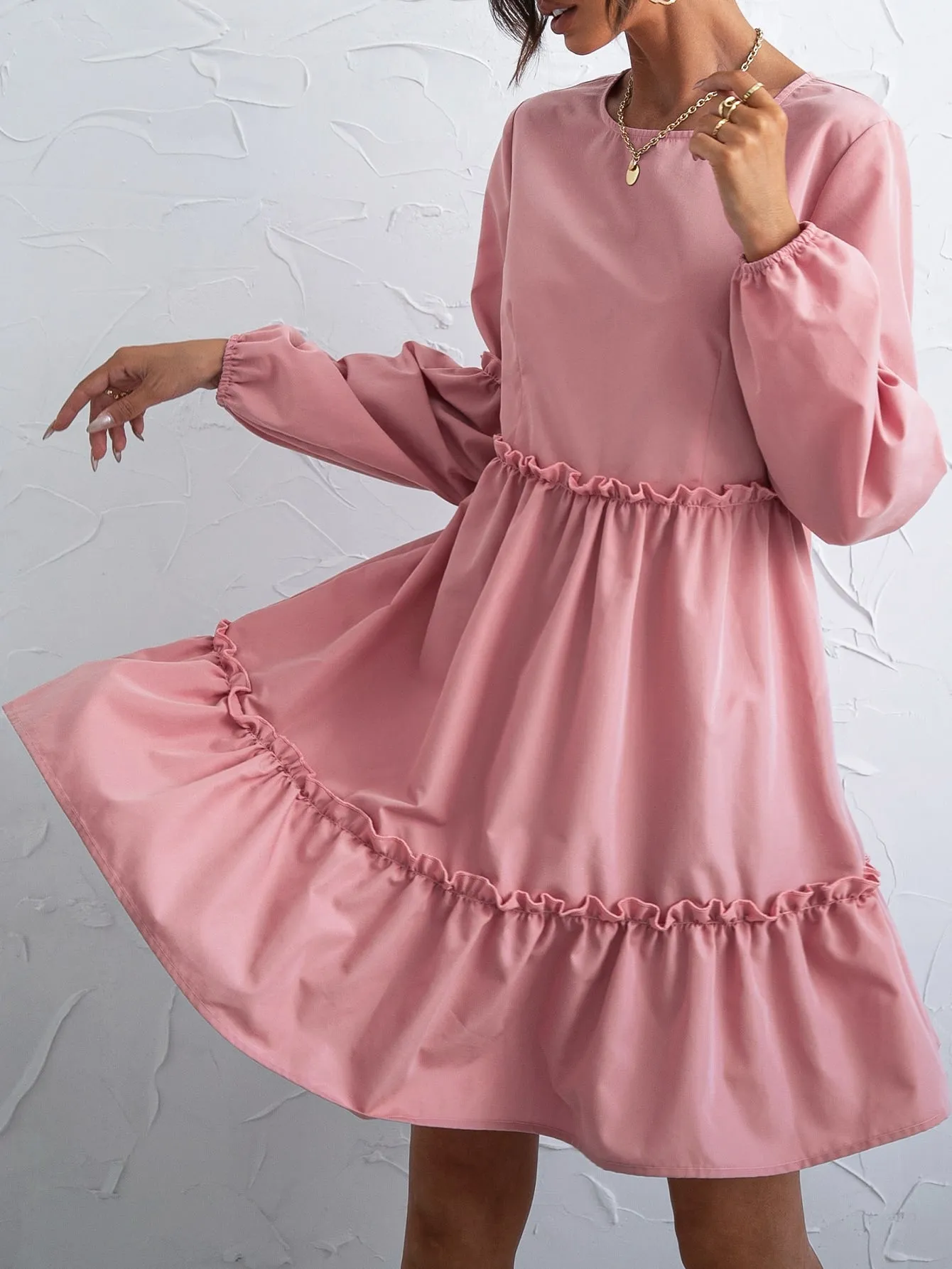 Plain Button Long Sleeve Round Neck Layered/Tiered High Waist Short Dress