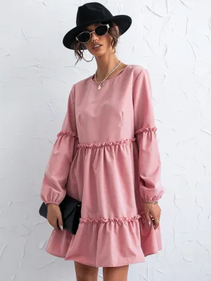 Plain Button Long Sleeve Round Neck Layered/Tiered High Waist Short Dress