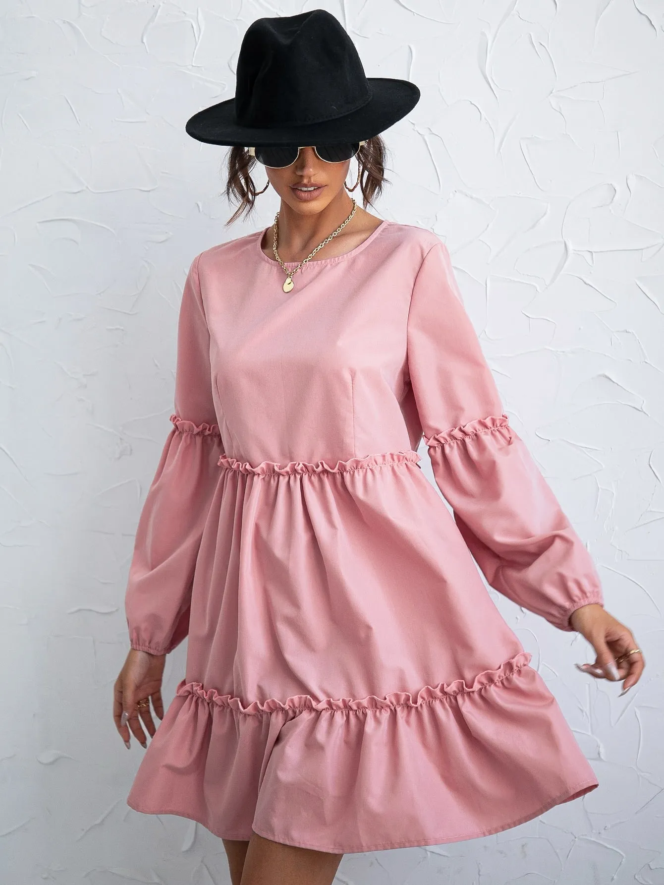 Plain Button Long Sleeve Round Neck Layered/Tiered High Waist Short Dress