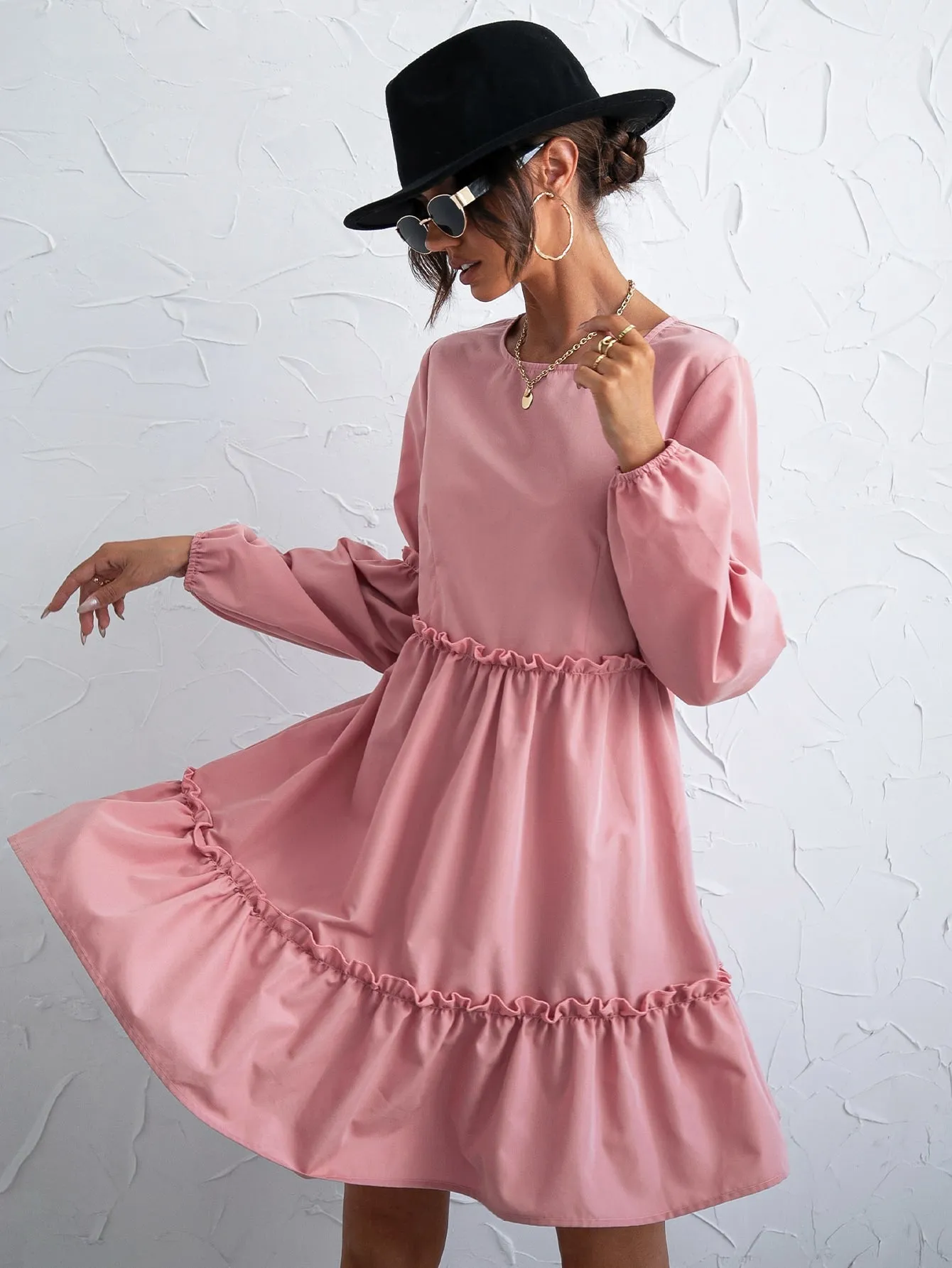 Plain Button Long Sleeve Round Neck Layered/Tiered High Waist Short Dress