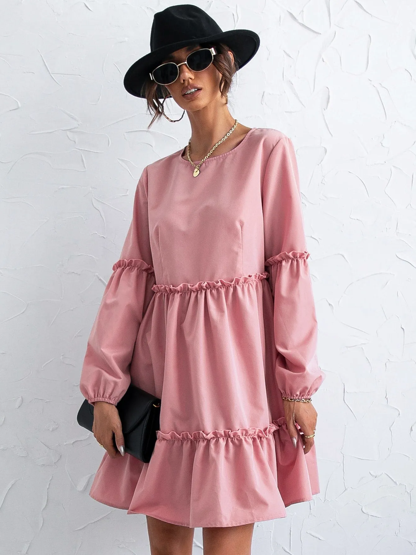 Plain Button Long Sleeve Round Neck Layered/Tiered High Waist Short Dress