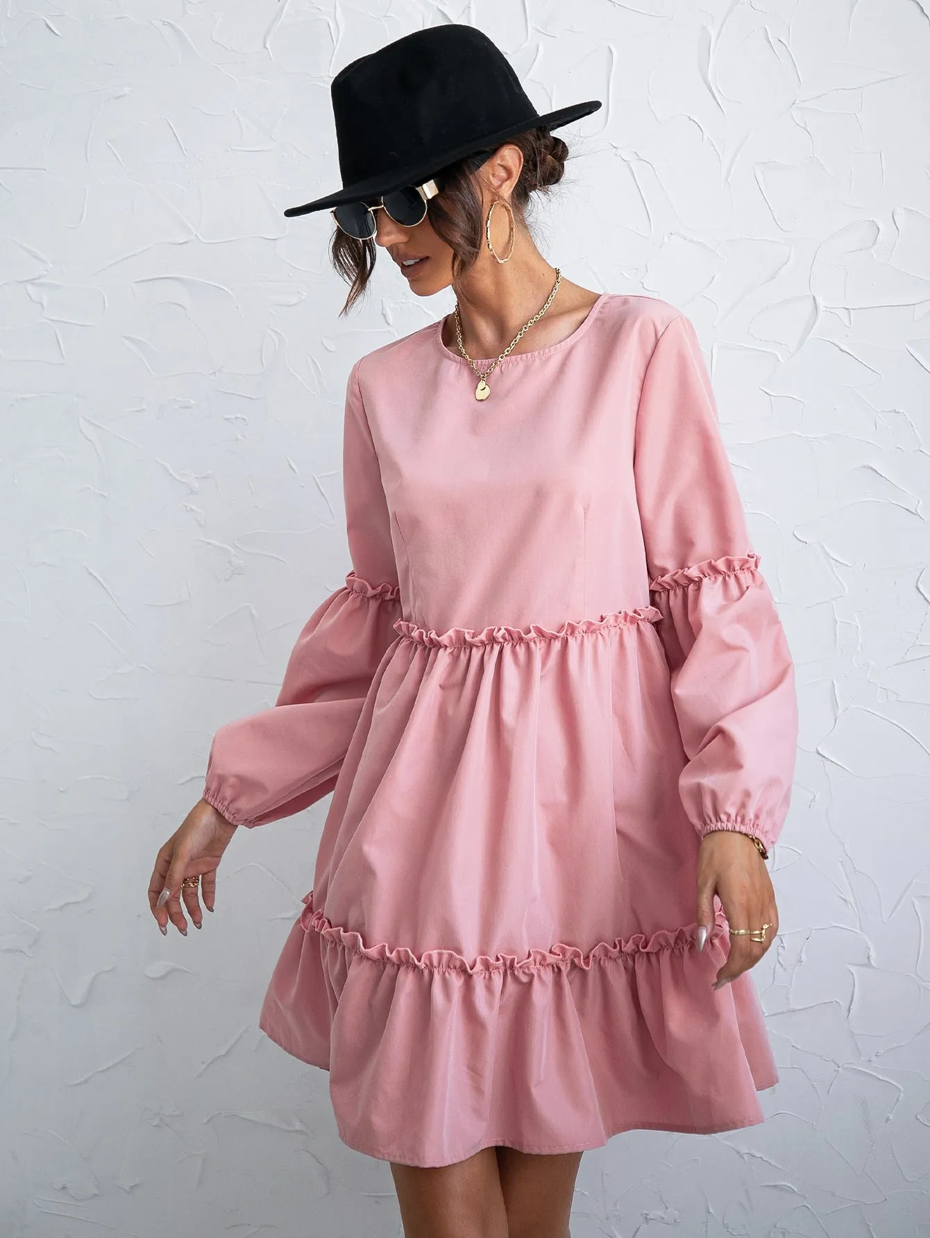 Plain Button Long Sleeve Round Neck Layered/Tiered High Waist Short Dress