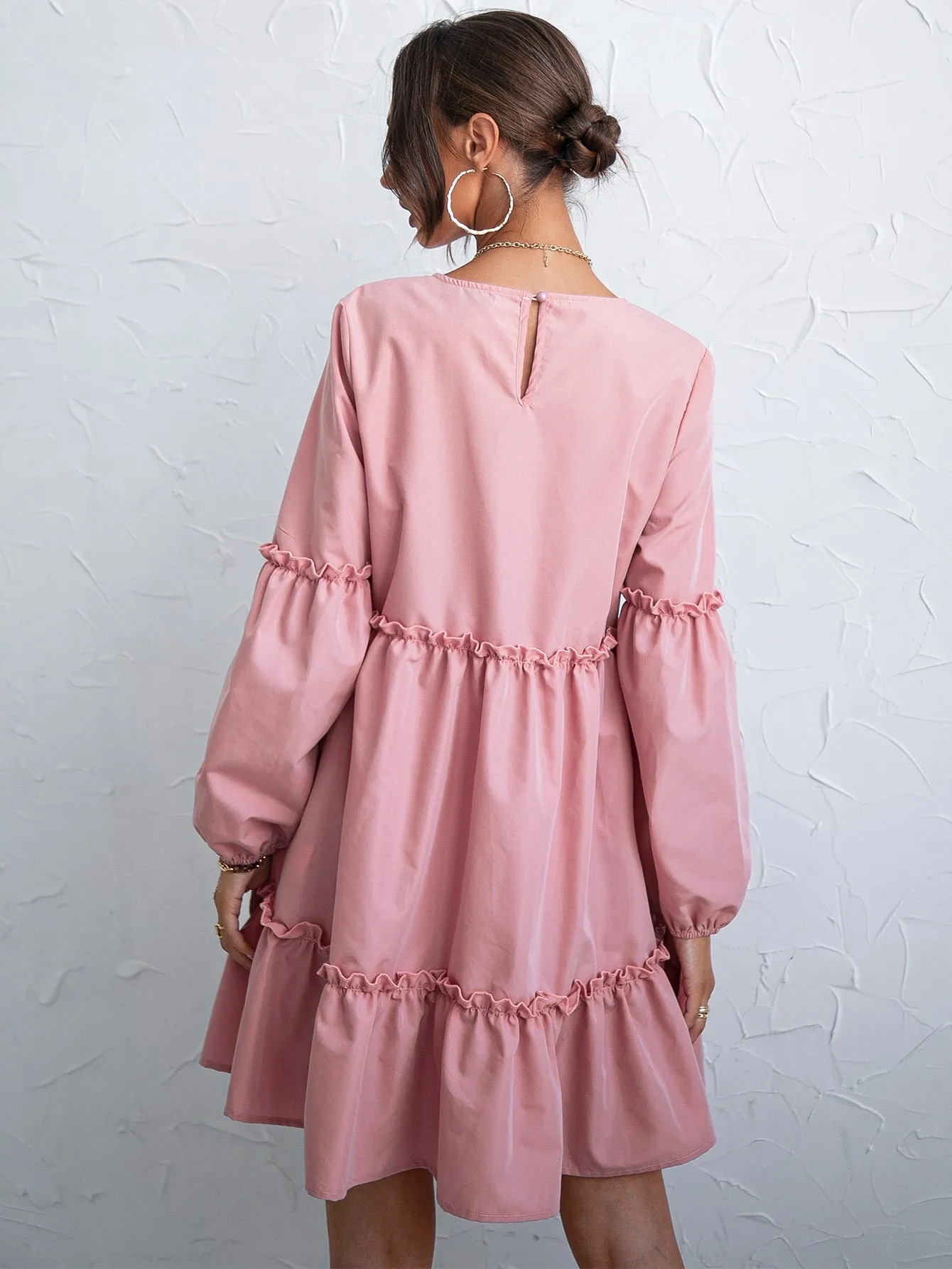 Plain Button Long Sleeve Round Neck Layered/Tiered High Waist Short Dress