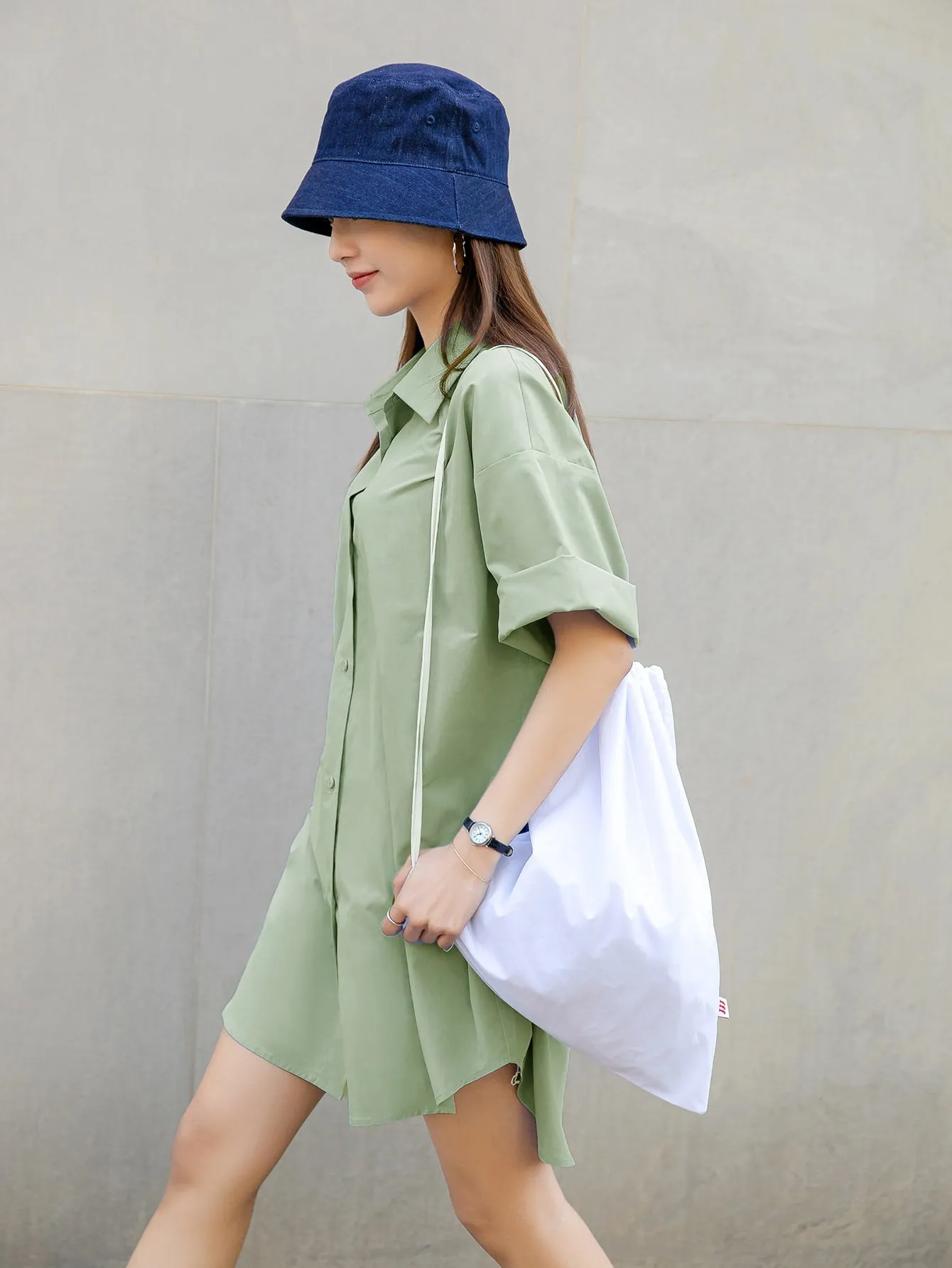 Plain High Low Short Sleeve Collar Asymmetrical Short Dress