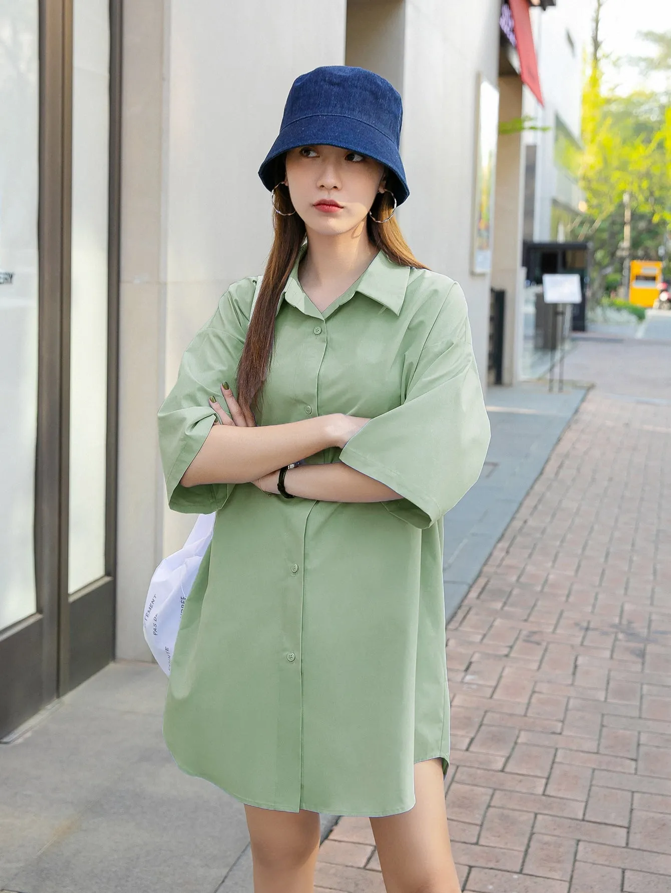 Plain High Low Short Sleeve Collar Asymmetrical Short Dress