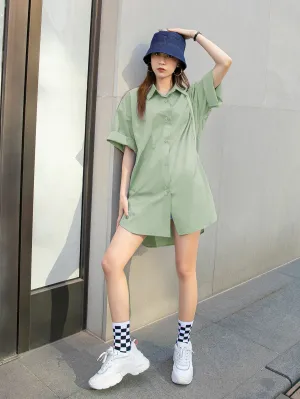 Plain High Low Short Sleeve Collar Asymmetrical Short Dress