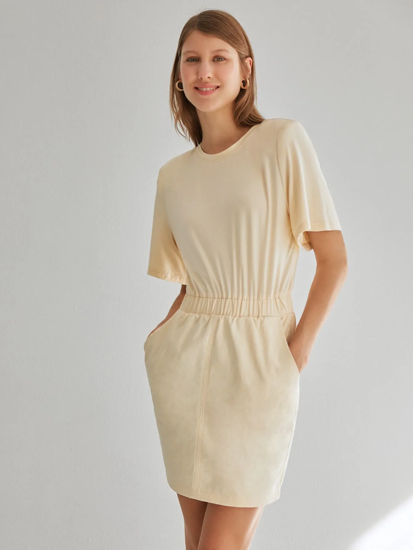 Plain Pocket Short Sleeve Round Neck Straight High Waist Short Dress