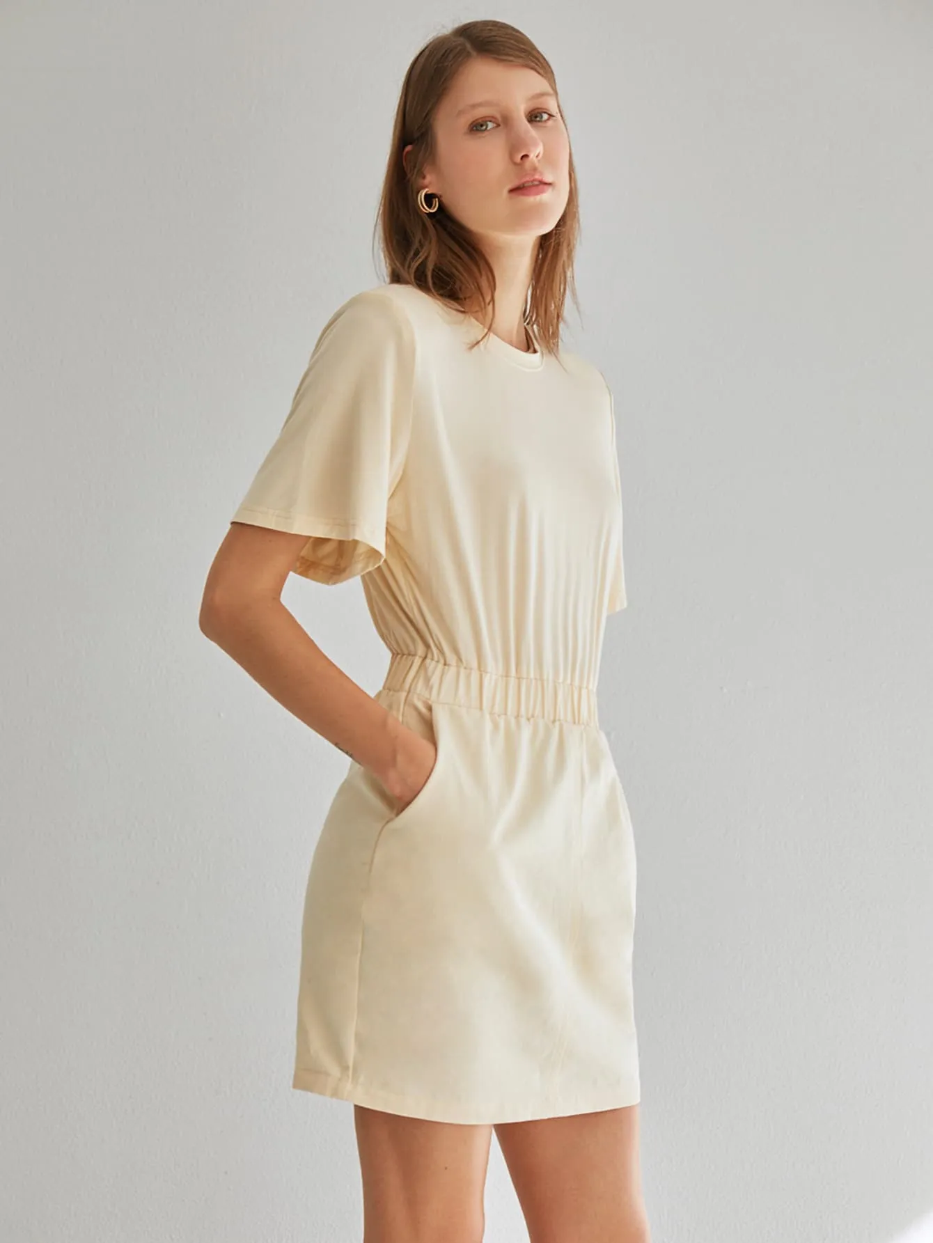 Plain Pocket Short Sleeve Round Neck Straight High Waist Short Dress