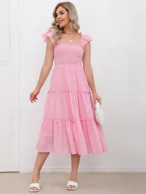 Plain Shirred Cap Sleeve Square Neck Layered/Tiered High Waist Long Dress