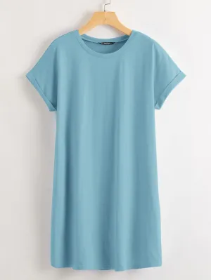 Plain Short Sleeve Round Neck Straight Natural Women Short Dress
