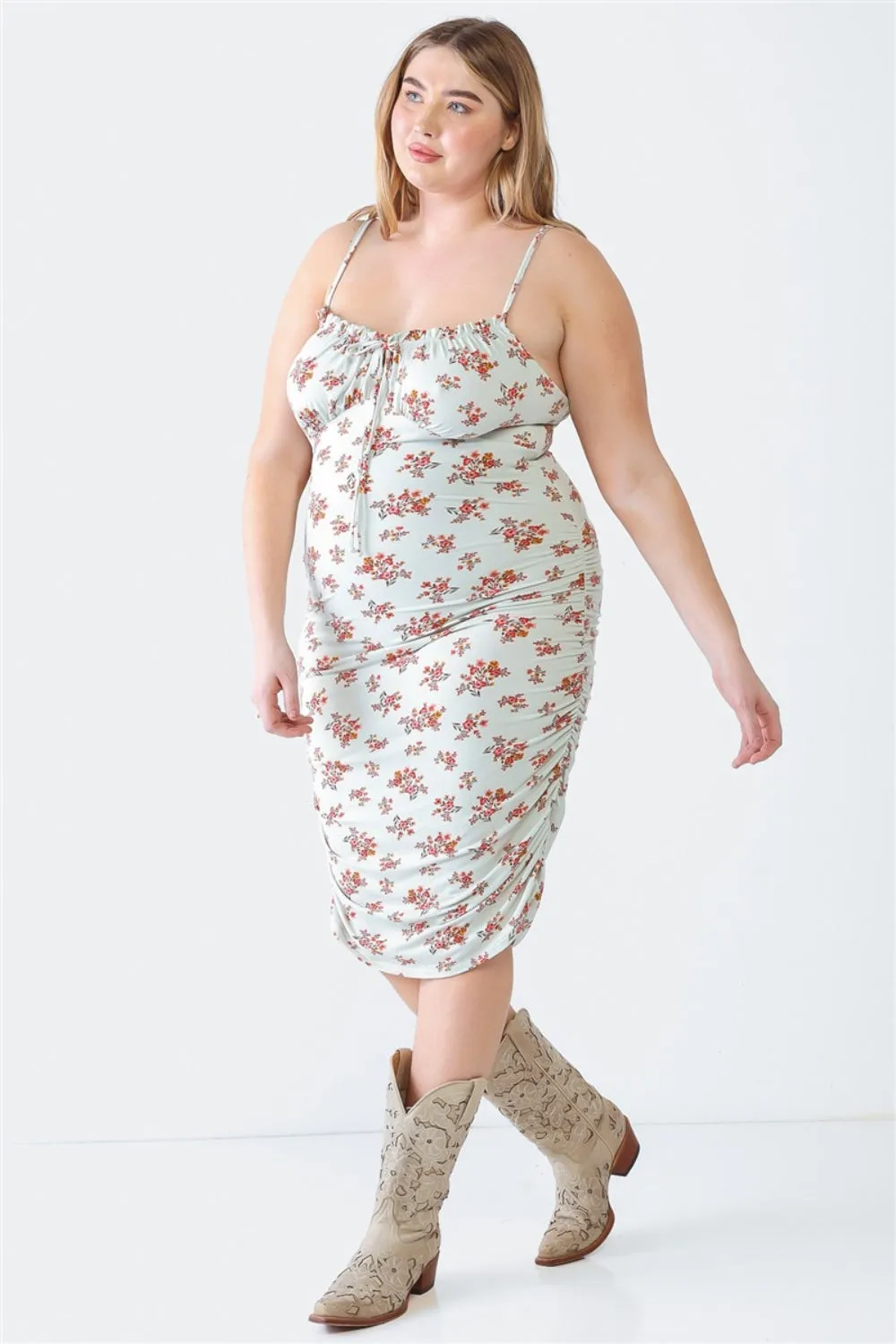 Plus Ruched Floral Square Neck Cami Dress