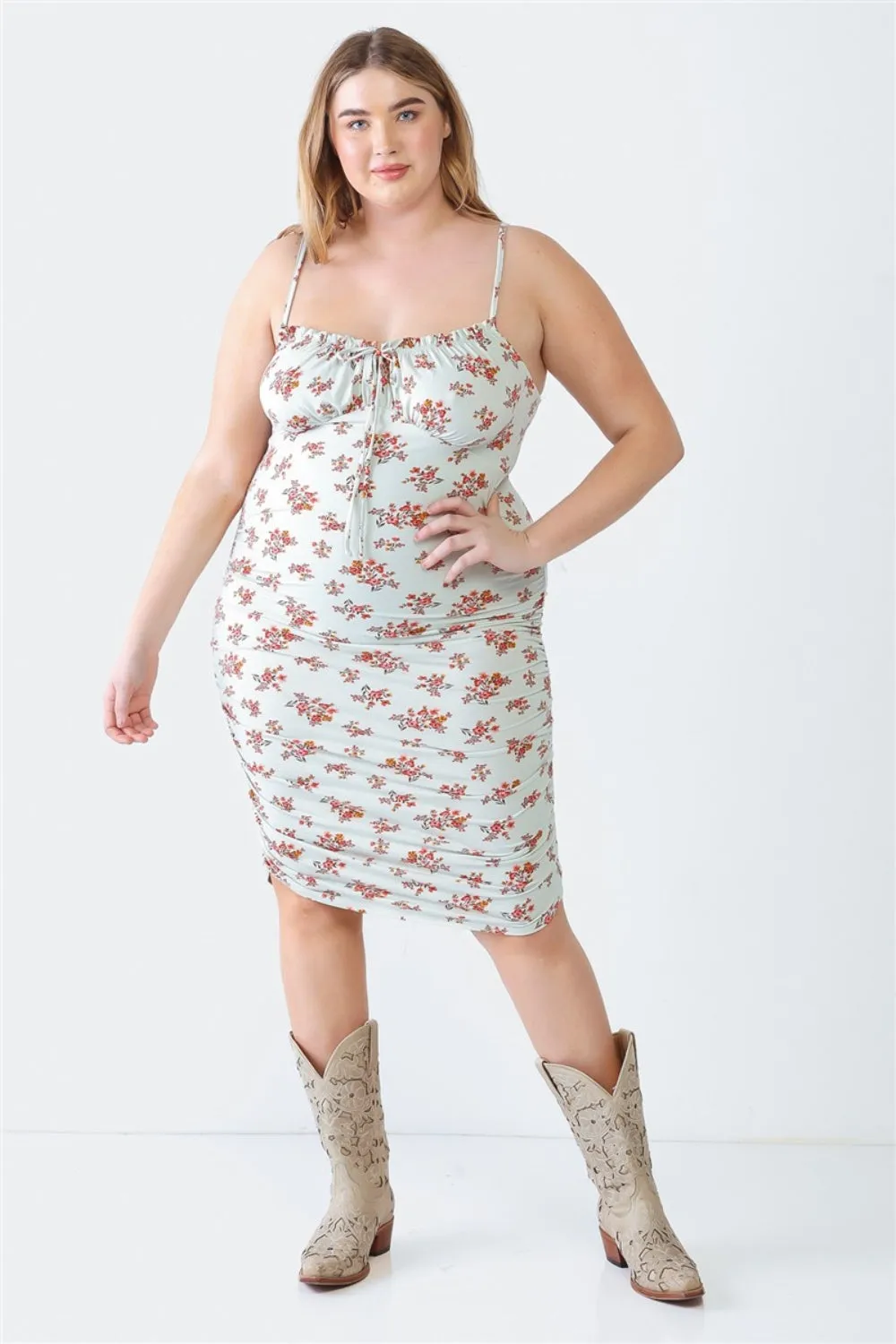 Plus Ruched Floral Square Neck Cami Dress