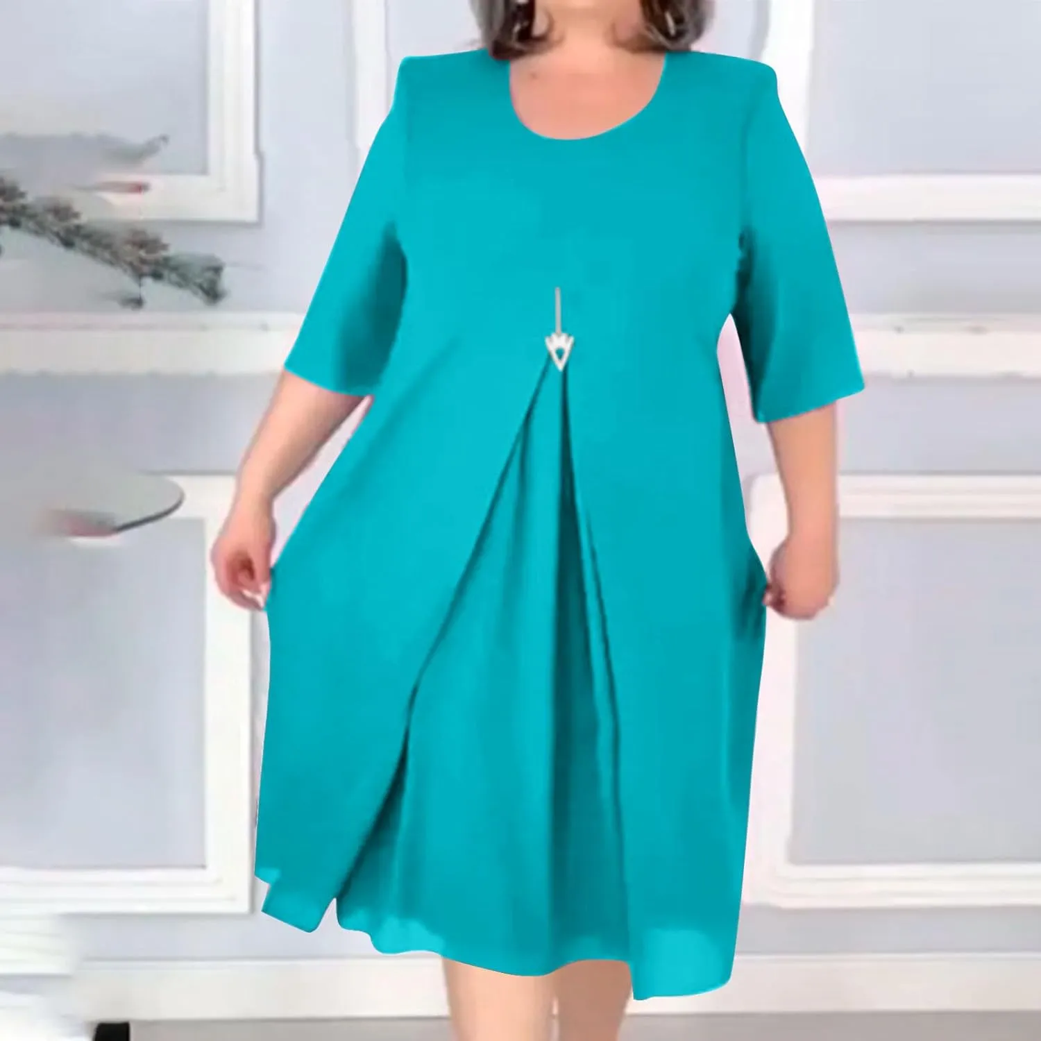 Plus Size Dresses for Women Solid Color Crewneck 3/4 Sleeve Summer Midi Dress Elegant Casual Pleated Chiffon Dress