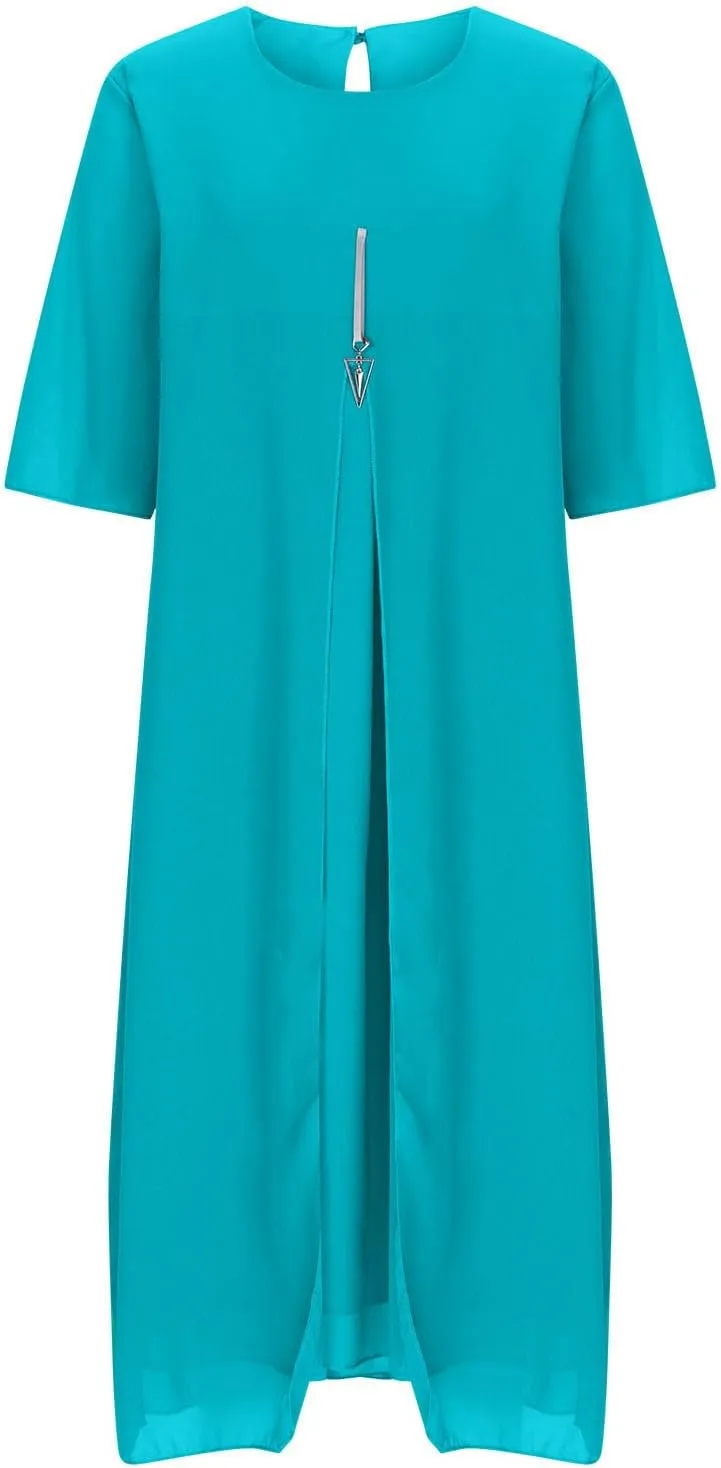 Plus Size Dresses for Women Solid Color Crewneck 3/4 Sleeve Summer Midi Dress Elegant Casual Pleated Chiffon Dress