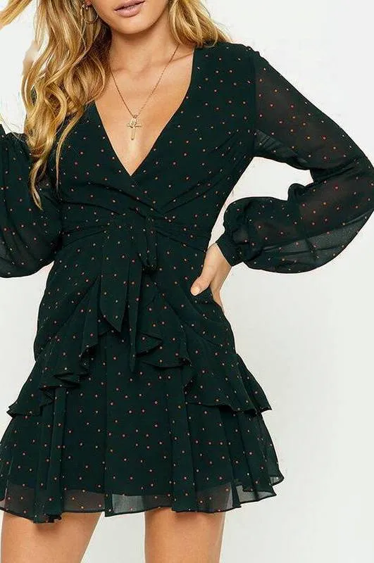 Polka Dot Pink Ruffle Mesh Long Sleeve Vintage Dresses